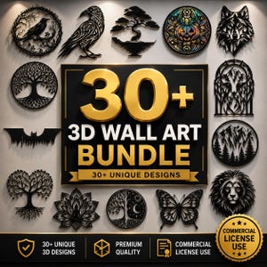May include: A digital collection of 30+ 3D wall art designs featuring black silhouettes of animals, trees, and nature motifs. The central text reads 30+ 3D WALL ART BUNDLE 30+ UNIQUE DESIGNS, with a gold seal indicating commercial license use.