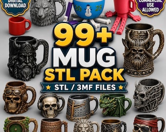 99+ Fantasy Mug STL Bundle | Dragon Skull Viking Mug 3D Print Files | Coffee Cup Models STL 3MF Commercial Use