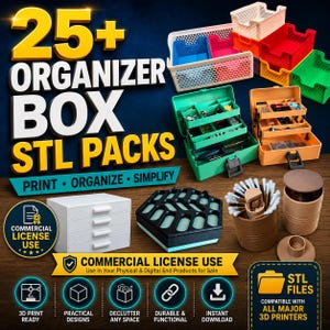 May include: A collection of 3D printable organizer box STL files featuring various plastic storage containers, including tiered toolboxes, a white four-drawer unit, a hexagonal box, and a cylindrical holder with cotton swabs and a lid.