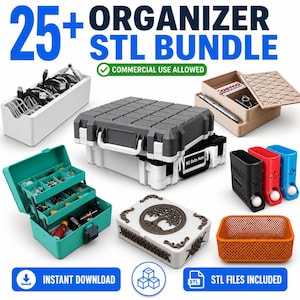May include: A digital collection of 25+ organizer STL files for 3D printing. The image displays various storage containers including a white cable bin, a grey and white modular tool case, a teal tiered tackle box, and an orange mesh basket.