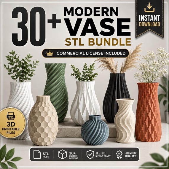 30+ Modern Vase STL Bundle | Decorative Vase 3D Print Files | Home Decor Flower Vase Models Commercial License