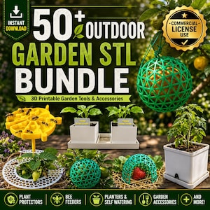 May include: A digital graphic displaying a 50+ Outdoor Garden STL Bundle for 3D printable garden tools and accessories. The image features a yellow bee feeder, white square planters, a green geometric sphere, and a white plant protector.