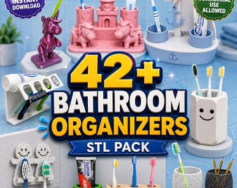 42+ Bathroom Organizer STL Bundle, Toothbrush Holder STL Files, Bathroom Accessories 3D Print Pack, Digital Download