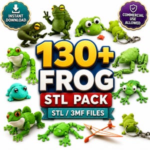 May include: A digital collection of 130+ 3D printable frog models in STL and 3MF file formats. The image displays various articulated green frog figures, including keychains and a small orange glider, with text reading 130+ FROG STL PACK.