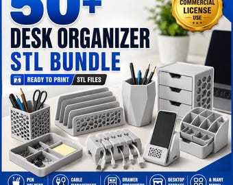 50+ Desk Organizer STL Bundle | Desktop Storage 3D Print Files | Pen Holders Cable Management Office Organizer STL