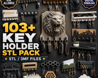 103+ Key Holder STL Bundle | Wall Mounted Key Rack 3D Print Files | Entryway Organizer Models STL 3MF Commercial Use