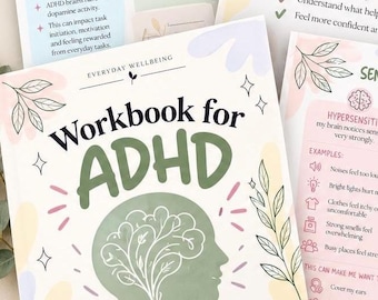 May include: A collection of ADHD workbook pages featuring pastel-coloured illustrations and text. The cover displays 'Workbook for ADHD' with a brain icon. Other pages detail 'Neurotransmitters and ADHD', 'This workbook can help me to', and 'Sensory Profile' with lists and icons.