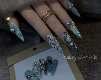 Uñas postizas Aqua Chrome / Uñas de lujo 3D / Set de uñas hecho a mano / Uñas azul y plateadas / Uñas postizas reutilizables / Uñas de tamaño personalizado