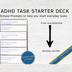 Pode incluir: Baralho de tarefas ADHD Task Starter Deck com sugestões para tarefas diárias. Os cartões incluem Morning Routine Kickstart, Laundry Day Start, Inbox Zero, Work Projects, Dishes e Bills. Uma seta preta aponta de overwhelmed para already started.