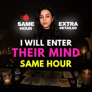 Peut inclure: Une personne aux cheveux foncés derrière une table avec des cartes de tarot, des cristaux et des bougies. Le texte indique : SAME HOUR, EXTRA DETAILED, I WILL ENTER THEIR MIND, SAME HOUR. Une icône d'horloge rouge est visible en haut.