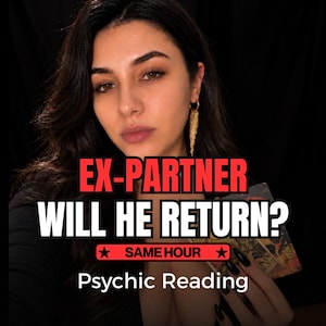 Puede incluir: Un anuncio de servicio de lectura psíquica con el texto EX-PARTNER WILL HE RETURN? SAME HOUR Psychic Reading. La imagen muestra a una persona con cabello largo y oscuro que usa aretes de borlas doradas y sostiene cartas de tarot.