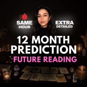 May include: A person with dark hair positioned behind a table with tarot cards, a lit candle, and crystals. Text reads: SAME HOUR, EXTRA DETAILED, 12 MONTH PREDICTION, FUTURE READING. The scene is dimly lit with a dark background.