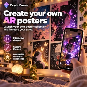 Può includere: Uno smartphone mostra una vista in realtà aumentata di un poster raffigurante una persona con le cuffie, circondata da note musicali e farfalle luminose. La parete dietro mostra diversi poster con gatti e disegni celestiali.
