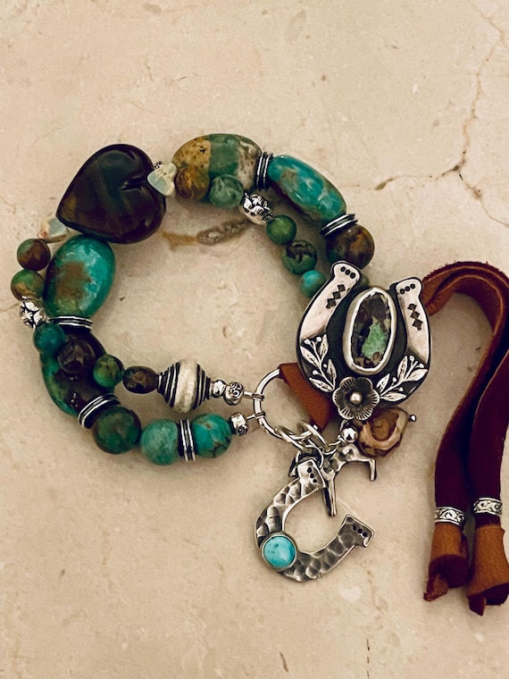 Turquoise Horseshoe Beaded Heart Bracelet Boulder Opal Artisan