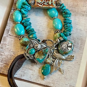 Easter Blue Turquoise Artisan Beaded Bracelet , Hummingbird Hubei Turquoise Ceramic Bead