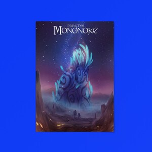 May include: A rectangular art print featuring the text Princess Mononoke at the top. The illustration depicts a glowing blue forest spirit creature with swirling patterns standing in a dark, misty landscape under a starry night sky with purple hues.