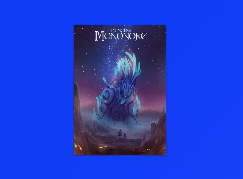 May include: A rectangular art print featuring the text Princess Mononoke at the top. The illustration depicts a glowing blue forest spirit creature with swirling patterns standing in a dark, misty landscape under a starry night sky with purple hues.