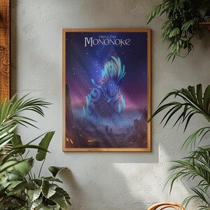 May include: A rectangular framed wall art print featuring the title Princess Mononoke in white text at the top. The artwork depicts a glowing blue forest spirit creature with intricate dark patterns against a starry night sky and misty landscape.