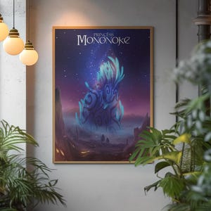 May include: A rectangular framed wall art print titled Princess Mononoke, featuring a dark purple night sky filled with stars above a glowing blue forest spirit creature with swirling patterns, set against a misty landscape with silhouettes.