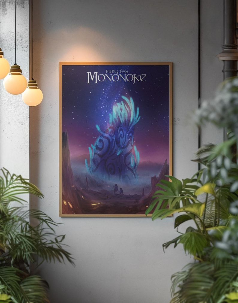 May include: A rectangular framed wall art print titled Princess Mononoke, featuring a dark purple night sky filled with stars above a glowing blue forest spirit creature with swirling patterns, set against a misty landscape with silhouettes.