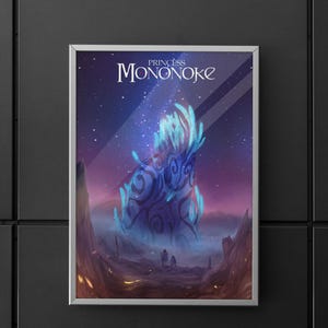 May include: A framed rectangular poster featuring the text Princess Mononoke at the top. The artwork depicts a glowing blue, crystalline structure with dark swirling patterns set against a starry purple night sky above a dark, rocky landscape.