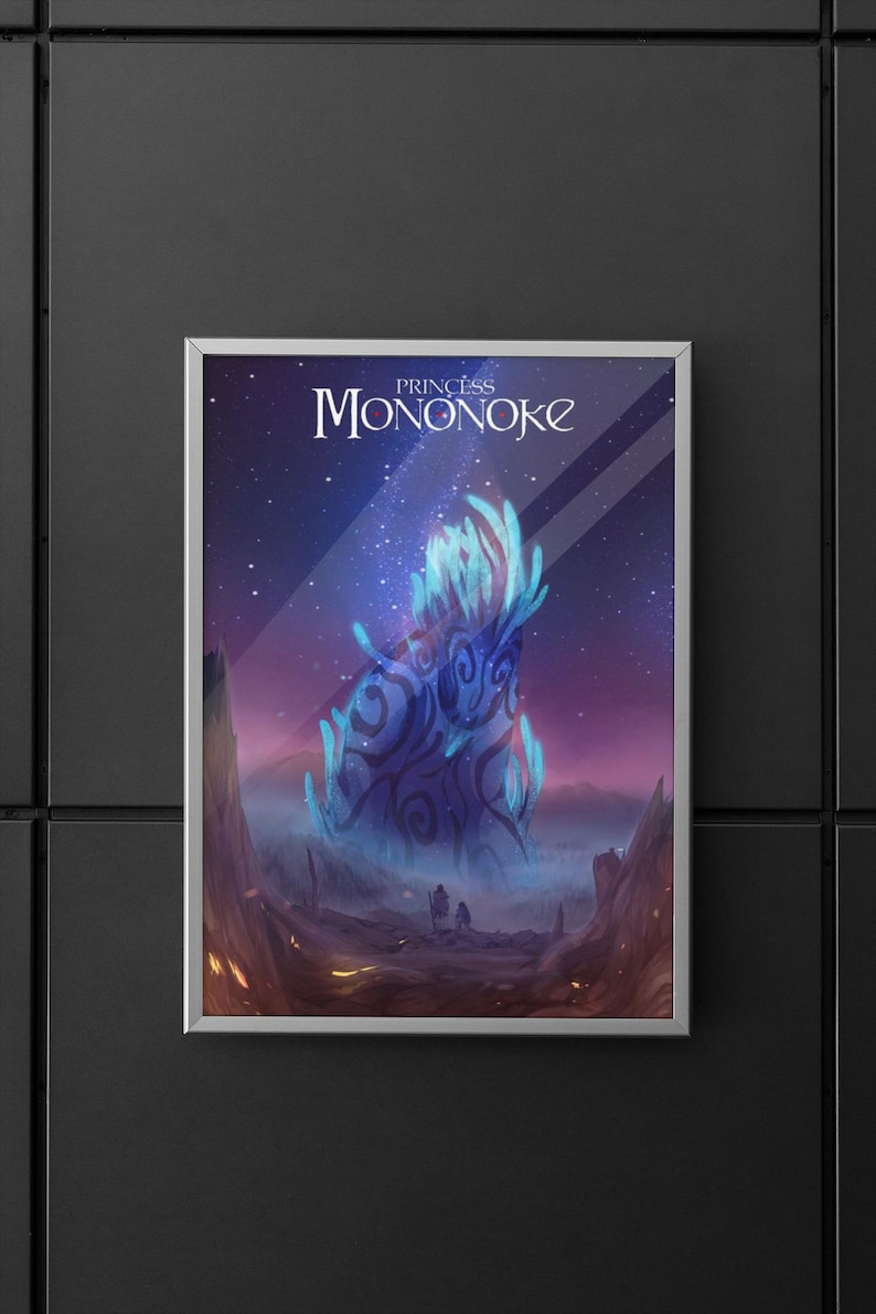 May include: A framed rectangular poster featuring the text Princess Mononoke at the top. The artwork depicts a glowing blue, crystalline structure with dark swirling patterns set against a starry purple night sky above a dark, rocky landscape.