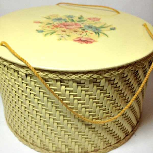 Vintage 1940's Round WICKER Sewing Box w Floral Transfer Decal Lid Rope Handles COTTAGE Chic Craft Studio Decor GIft Sewing Enthusiast Kit