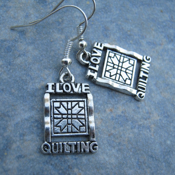 I Love Quilting Earrings, On Hypoallergenic Ear Hooks, Personalized Birthstone Earrings, Quilt Quilter Jewelry, Quilter Gift, Craft Hobby