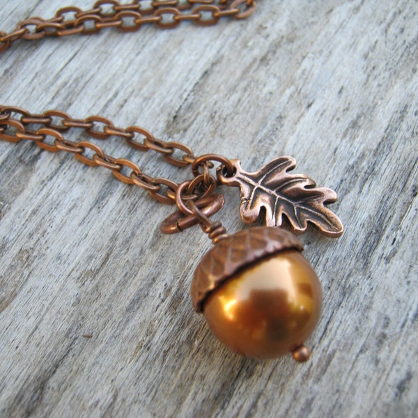 Personalized Acorn Necklace, Pearl Necklace, Antiqued COPPER Jewelry, Leaf Branch Necklace, Designer Faux Pearls, Autumn Nature CHOOSE Color