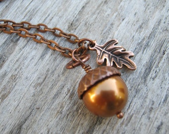 Personalized Acorn Necklace, Pearl Necklace, Antiqued COPPER Jewelry, Leaf Branch Necklace, Designer Faux Pearls, Autumn Nature CHOOSE Color