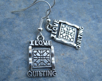 I Love Quilting Earrings, On Hypoallergenic Ear Hooks, Personalized Birthstone Earrings, Quilt Quilter Jewelry, Quilter Gift, Craft Hobby