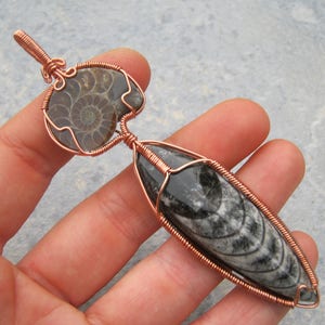 HUGE Ammonite & Orthoceras Pendant, Fossilized Squid Pendant, Fossil Copper Wire Wrapped Pendant, Statement Jewelry, Prehistoric, GP6 image 1