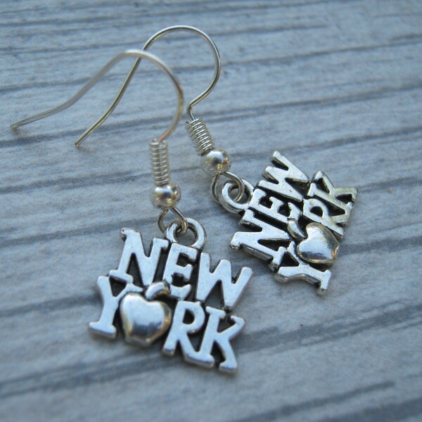 New York Earrings, Personalized Big Apple Earrings, Geography Jewelry, New York Jewelry, New Yorker Earrings, Antiqued Silver