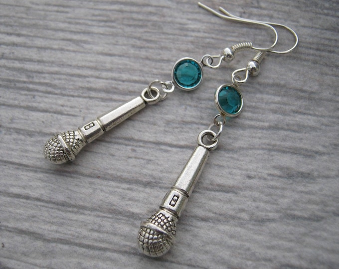 Microphone Birthstone Earrings, Singer Charm Earrings, Personalized, Vocalist Jewelry, MC Gift,  Hypoallergenic Ear Hooks, READY To SHIP