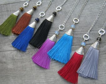 CHOOSE Your Silk Tassel Necklace, LONG 4.5" Tassel Pendant, Believe Tassel, Gemstone Tassel, Festival Boho Necklace, Fiber Tassel Pendant