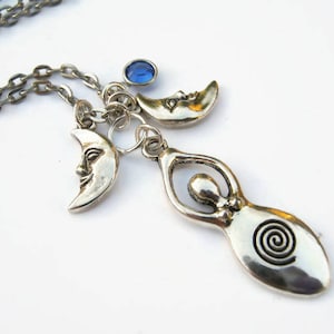 Goddess Necklace, Personalized Birthstone Jewelry, Crescent Moon Neckace, Wiccan Necklace, Choose Length, Witch Jewelry, Pagan Gift