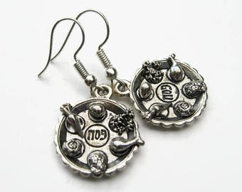 Seder Plate Earrings, .925 Sterling Silver Plated Passover Charm Earrings, Personalized Dangle, Foodie, Ka'arah Jewelry, Jewish Ritual