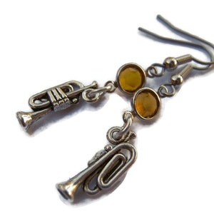 Trumpet Birthstone Earrings, Jazz Charm Earrings, Personalized Earrings, Horn Band Earrings, Music Gift, Antiqued Silver Tone