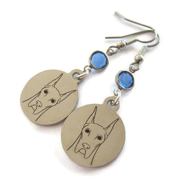 Great Dane Birthstone Earrings, Personalized Dog Breed Earrings, Stainless Steel Animal Jewelry, Working Group, Cropped Ears