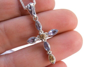 18" Amethyst & Citrine Cross Pendant Necklace, .925 Sterling Silver, Purple Crucifix Gemstone Jewelry, Religious Gift, GNS87