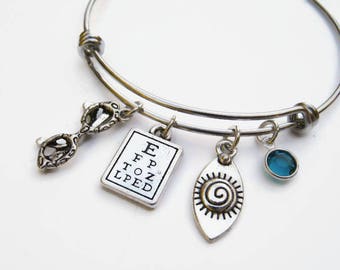 Pulsera de óptico personalizada, pulsera expandible, pulsera de acero inoxidable, joyería de optometrista, regalo de médico de ojos, dije de tabla optométrica