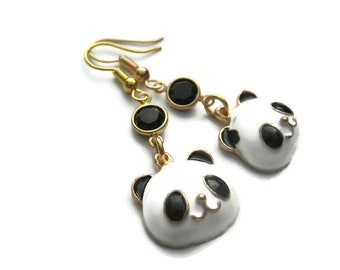 Panda Bear Birthstone Earrings, GOLD Tone Animal Earrings, Enamel Pandas Charm Jewelry, Personalized Earrings, Hypoallergenic Ear Hooks