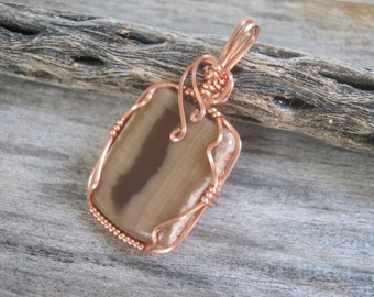 Petrified Wood Pendant, Wire Wrapped in Copper, Heart & Root Chakra Pendant, Natural Brown and Tan Fossil, READY To SHIP