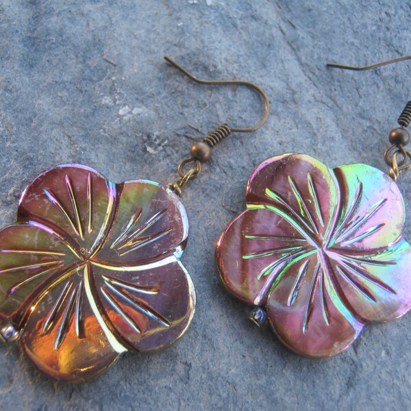 RESERVED For Zena, Rainbow Flower Earrings, MOP, Iridescent COPPER Hibiscus Earrings, Hawaii Earrings Beach jewelry, Plumeria, Ready To Ship