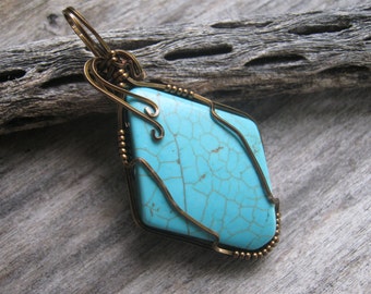 Turquoise Magnesite Pendant, Diamond Shaped Pendant, Antiqued Bronze Wire Wrapped, READY To SHIP