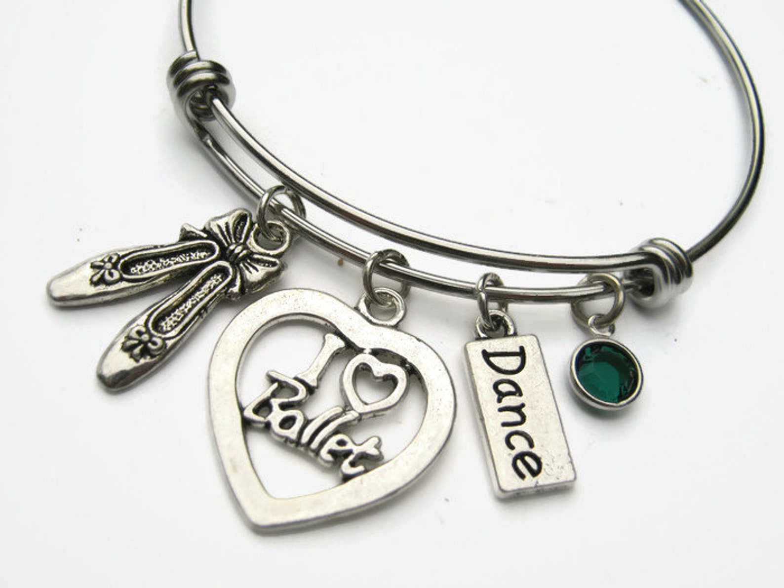 personalized i love ballet bracelet, expandable bangle bracelet, stainless steel bracelet, dance jewelry, ballet shoes, athletic