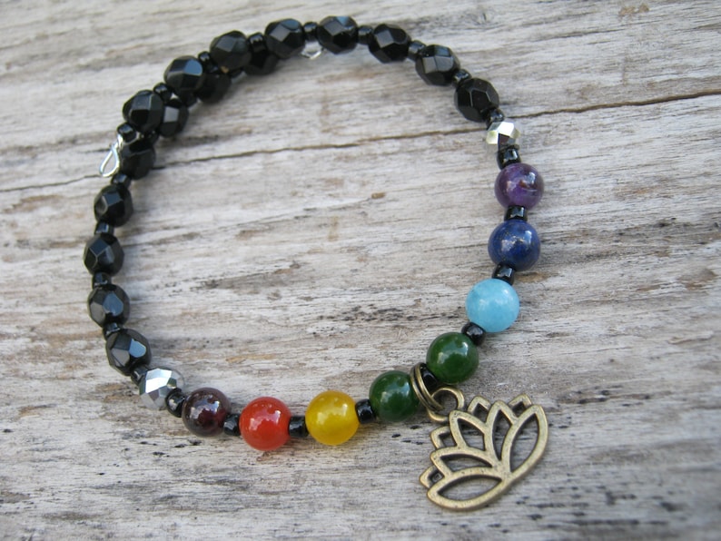 Rainbow Gemstone Stacking Bracelet Yoga Memory Bracelet Buddhist Hindu 7 Chakra Lotus Flower Bracelet READY To SHIP Boho Bracelet