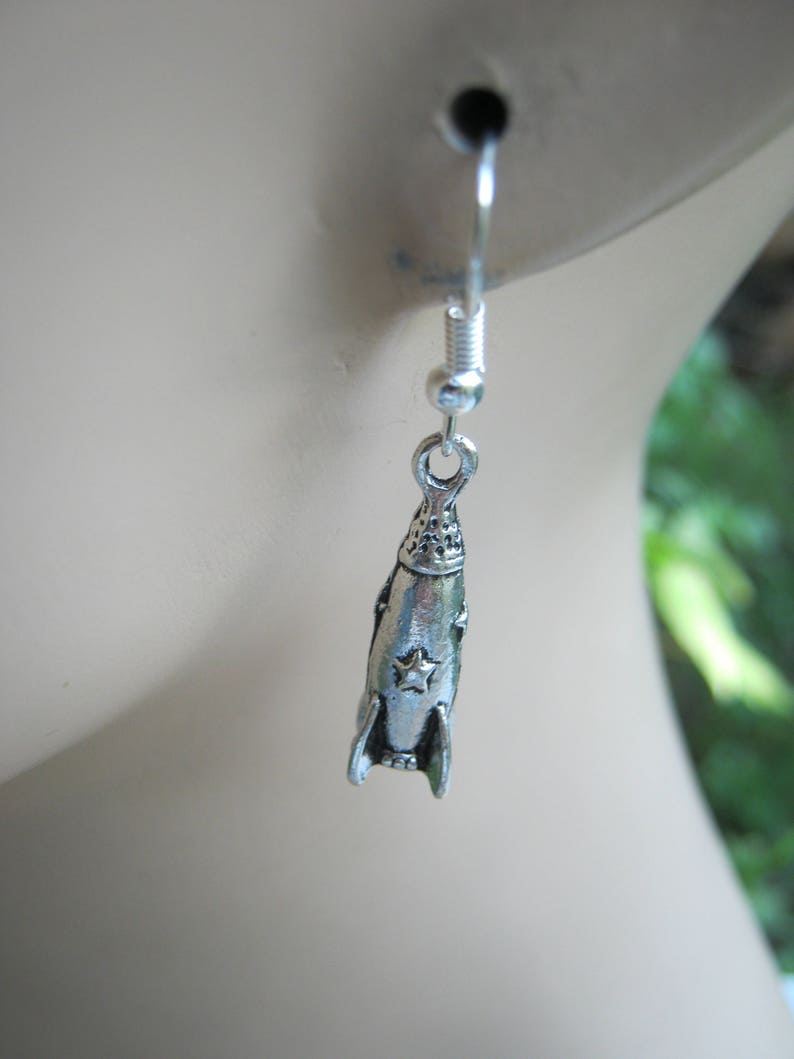 Rocket Earrings, Antiqued Silver Spaceship Earrings on Hypoallergenic Ear Hooks, Personalized, Astronaut Jewelry, Outer Space Earrings image 2