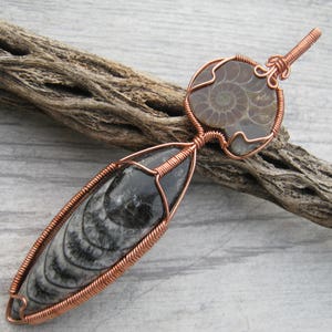 HUGE Ammonite & Orthoceras Pendant, Fossilized Squid Pendant, Fossil Copper Wire Wrapped Pendant, Statement Jewelry, Prehistoric, GP6 image 2