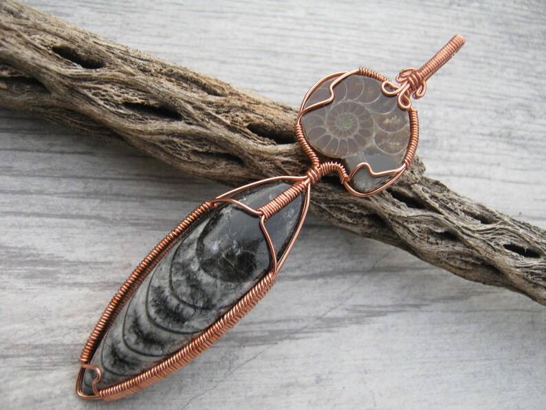 HUGE Ammonite & Orthoceras Pendant, Fossilized Squid Pendant, Fossil Copper Wire Wrapped Pendant, Statement Jewelry, Prehistoric, GP6 image 2